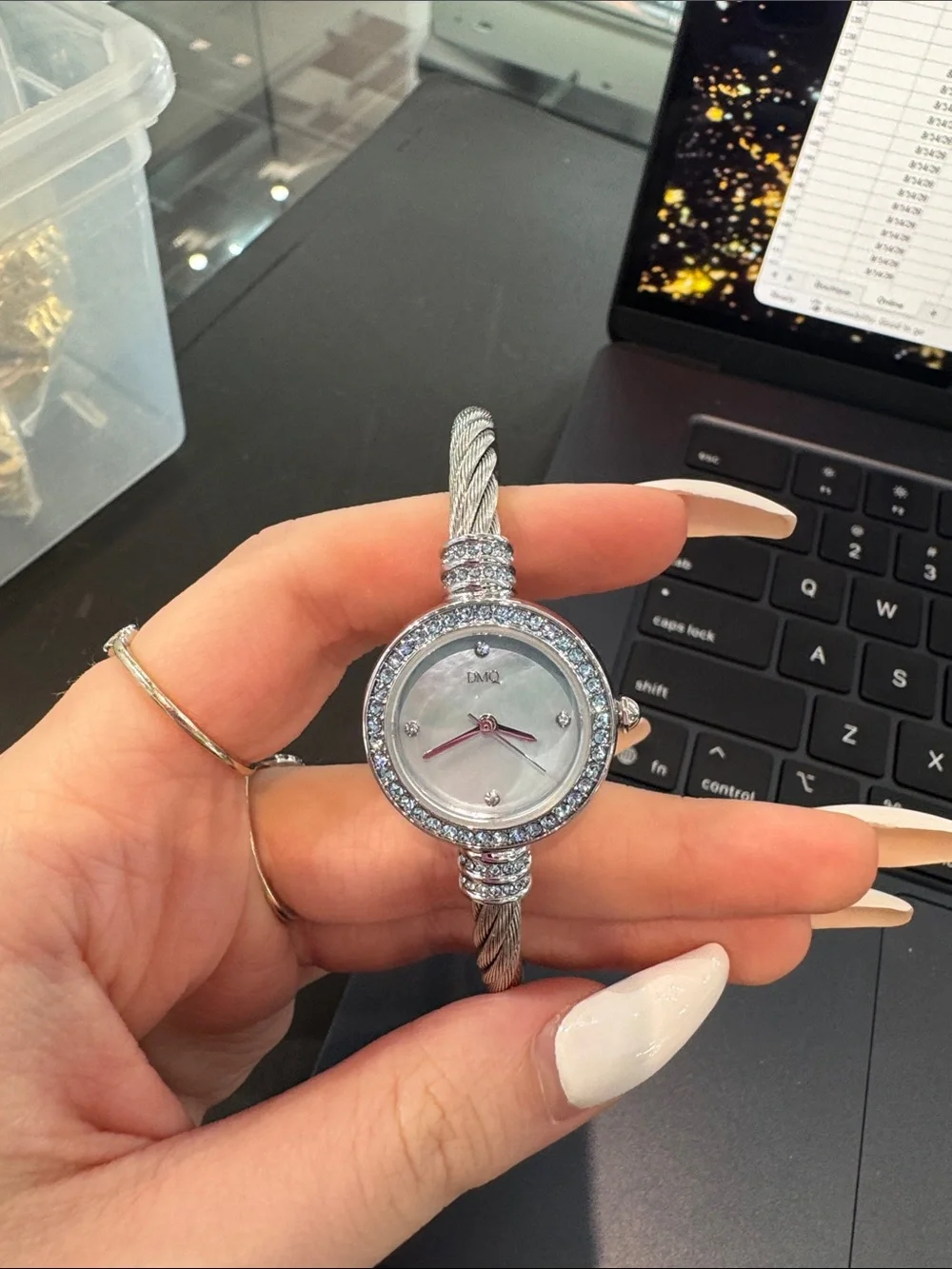 New DMQ Diamonique Silver-tone MOP Cable Bangle Watch